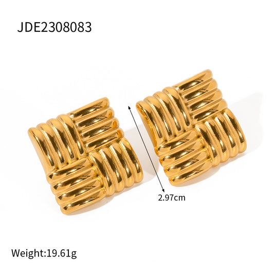 Fashion 18K Gold Stainless Steel Square Texture Stud Earrings