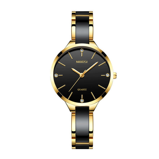 ساعة كوارتز نسائية مقاومة للماء ومرصعة بأحجار الراين من السيراميك