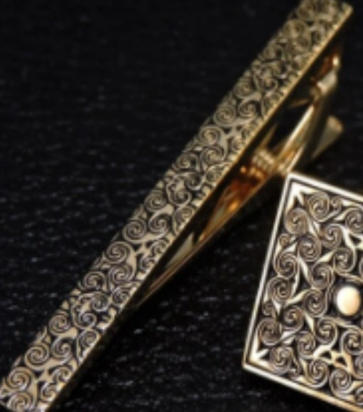 Golden carved rose flower cufflinks tie clip set