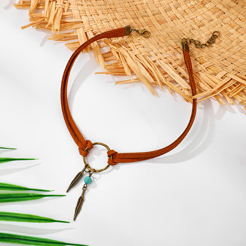 Vintage Alloy Feather Leather Choker Necklace