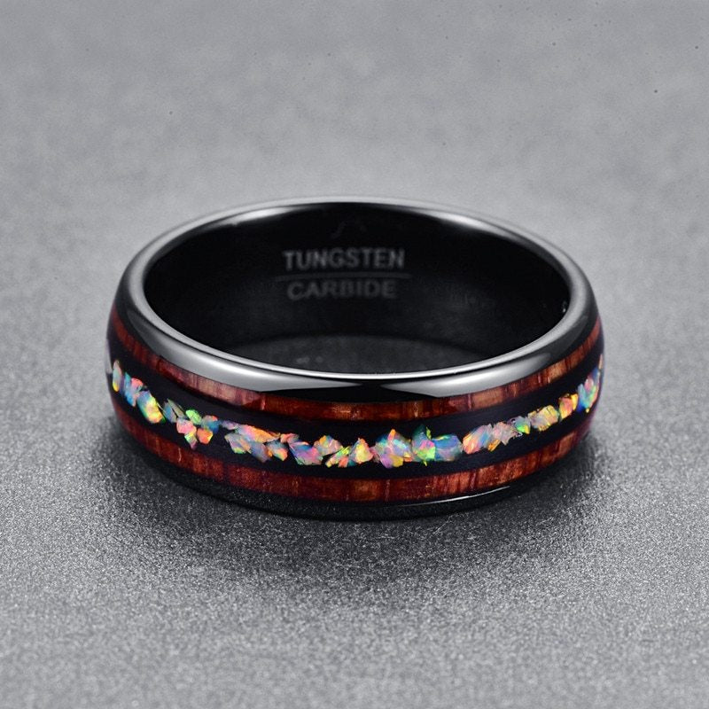 Black Acacia Wood Opal Tungsten Steel Ring
