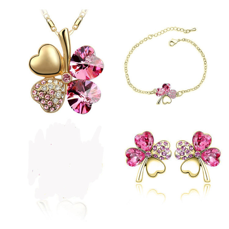 مجموعة مجوهرات كريستالية مبتكرة على شكل زهرة البرسيم ذات الأربع أوراق