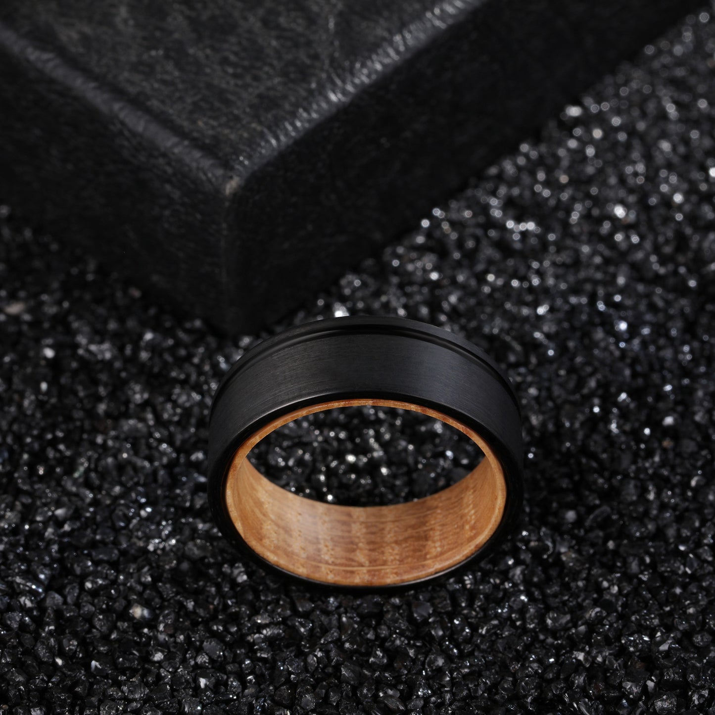 Men's Groove Ring 8mm Black Tungsten Steel Wine Barrel Wood