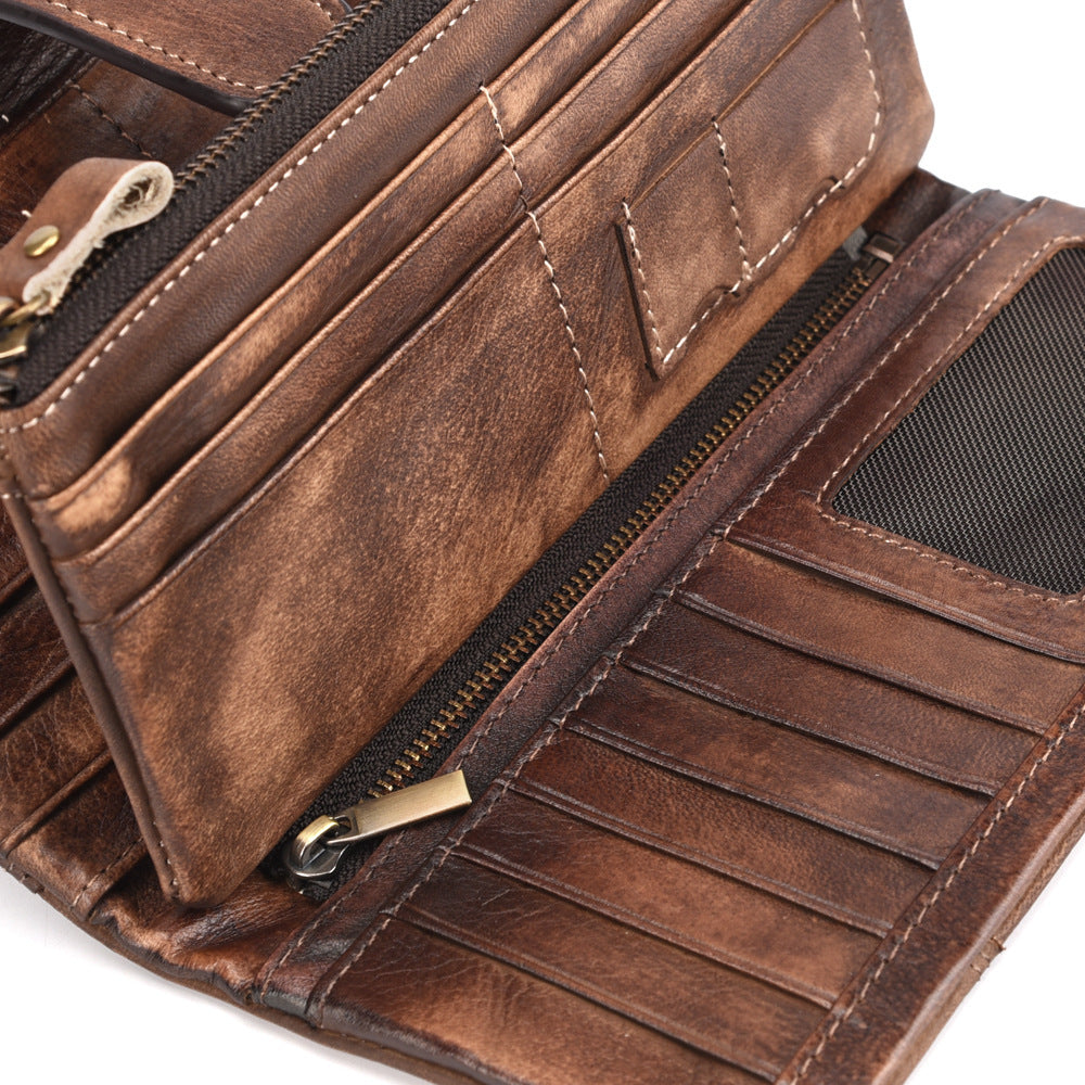 Vintage geriebenes Leder Fashion Stitching Lange Brieftasche