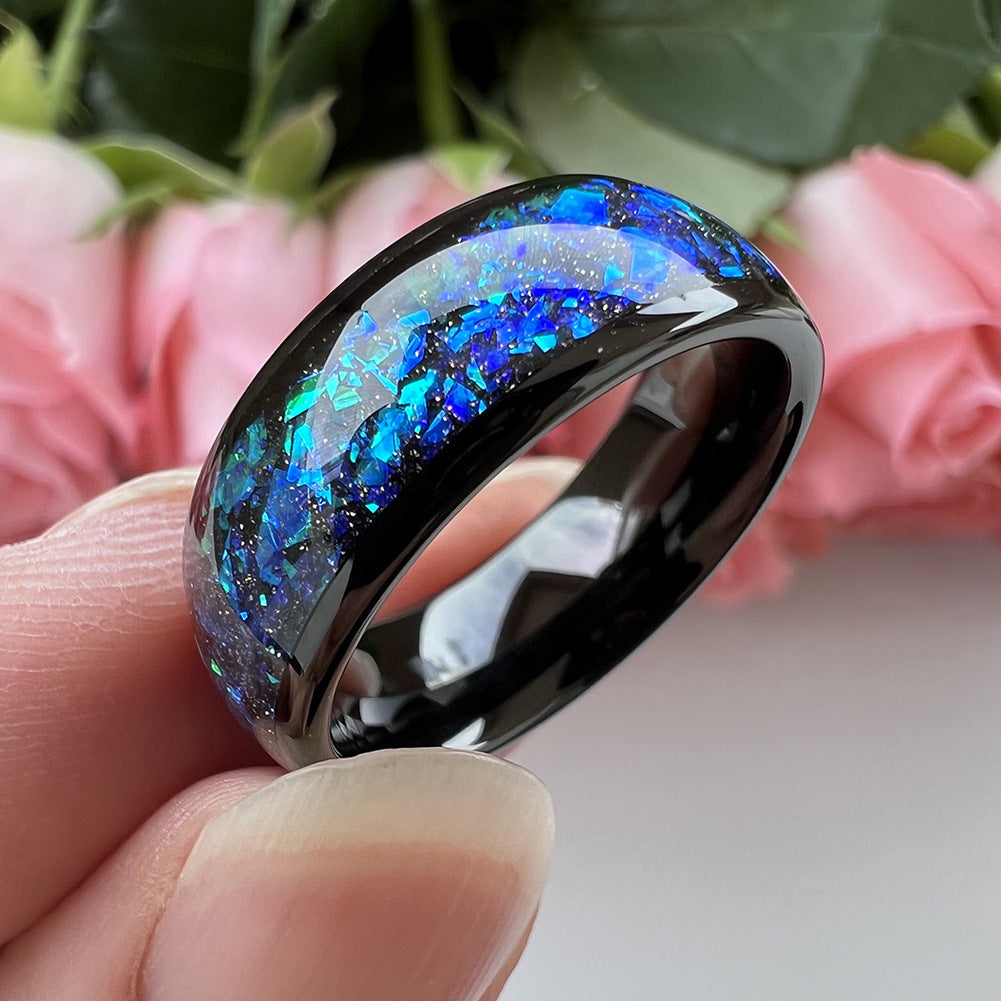 8 mm Wolframring mit eingelegten blauen und grünen Ziersteinen