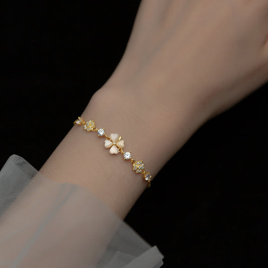 Silver Diamond Four Petal Flower Synthetic Opal Women's Bracelet