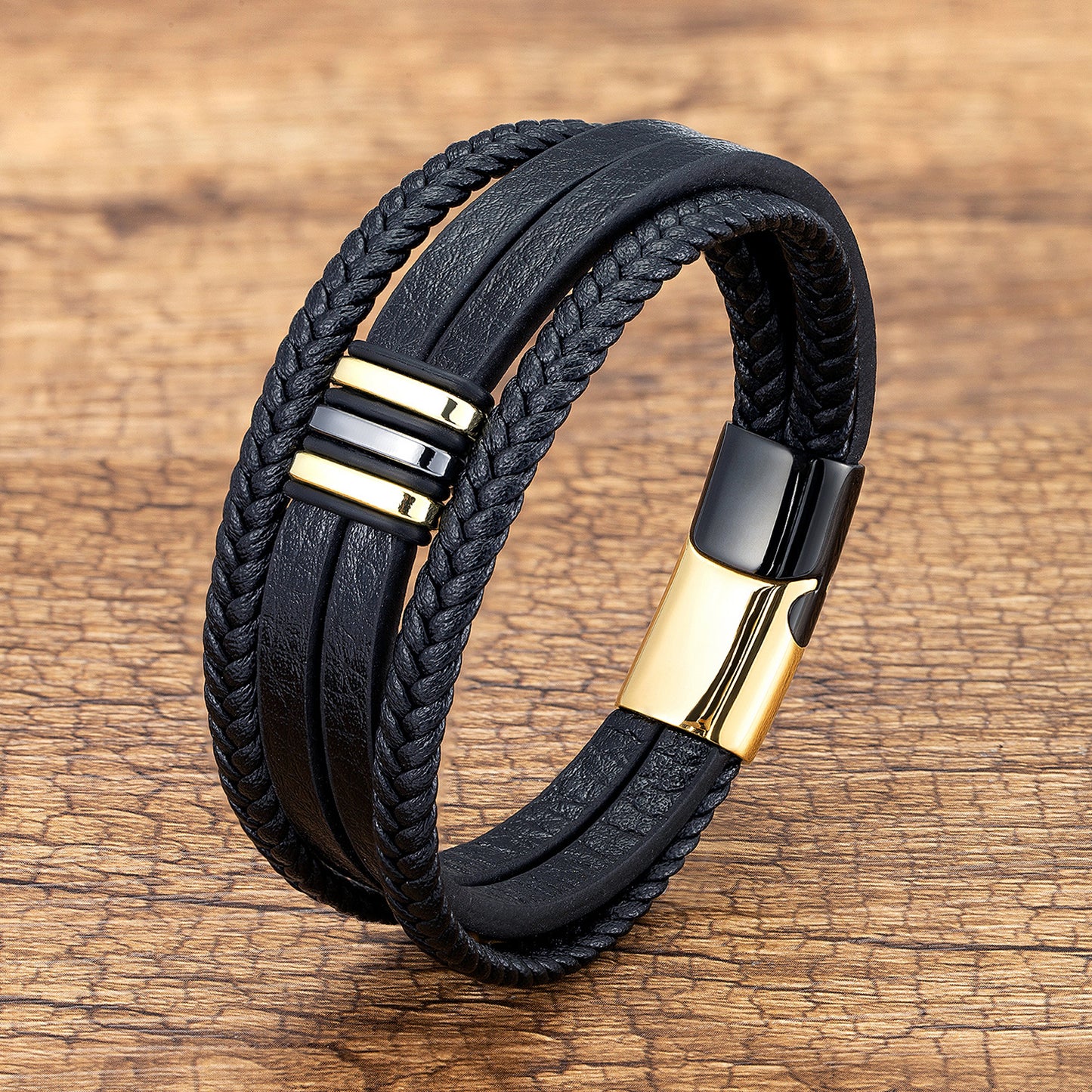 Casual Leather Stainless Steel Magnet Buckle Braided Bracelet