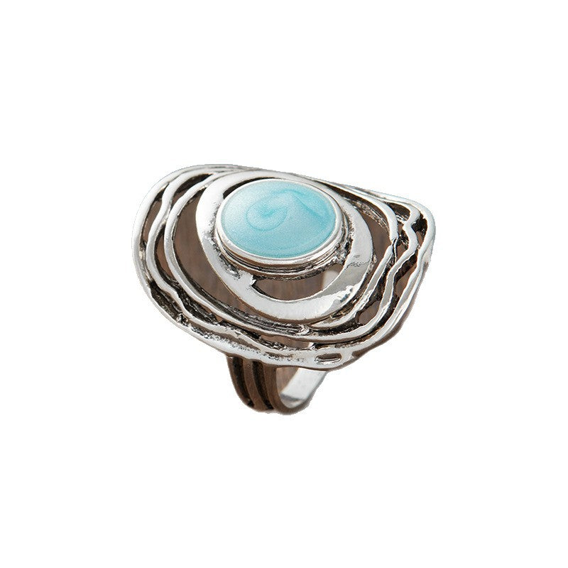Round Hollow Retro Minority Design Blue Gemstone Ring