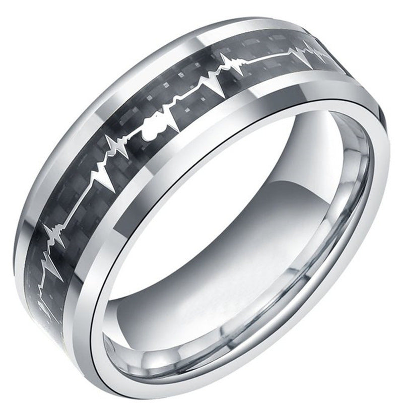 8mm Wide Tungsten Gold Ring Inlaid With ECG Carbon Fiber Jewelry