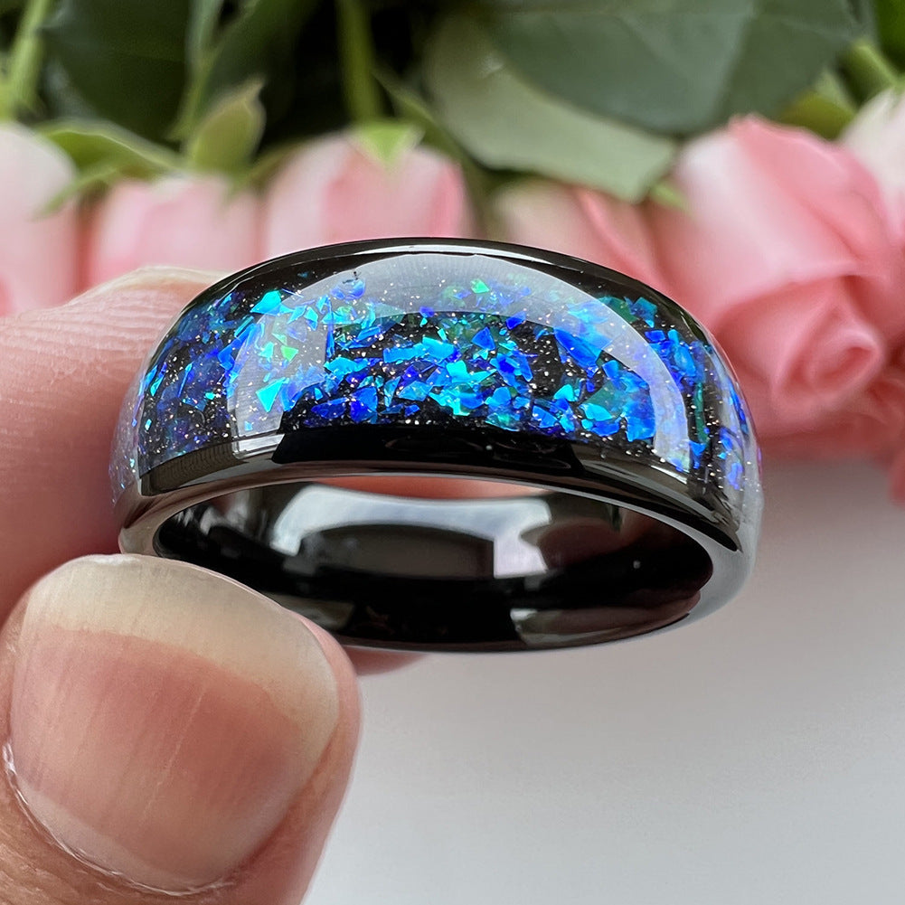 8 mm Wolframring mit eingelegten blauen und grünen Ziersteinen