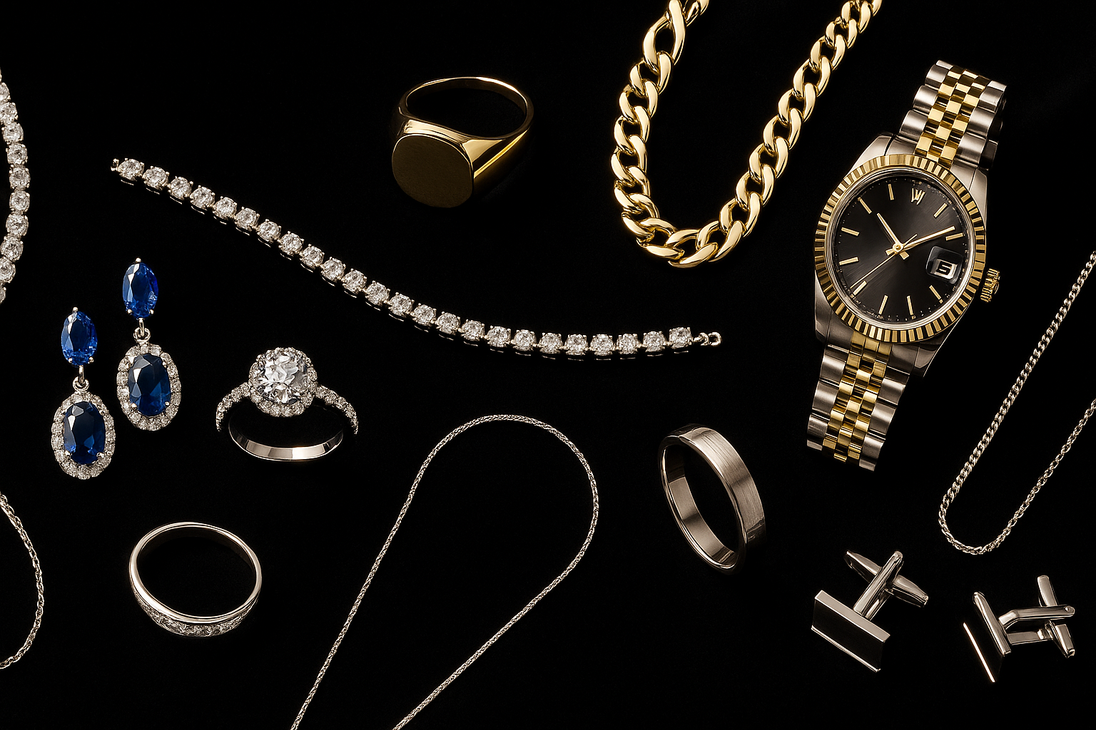 Banner for a variety of men's and women's jewelry collections, to be used at the top of the Jewelry page.