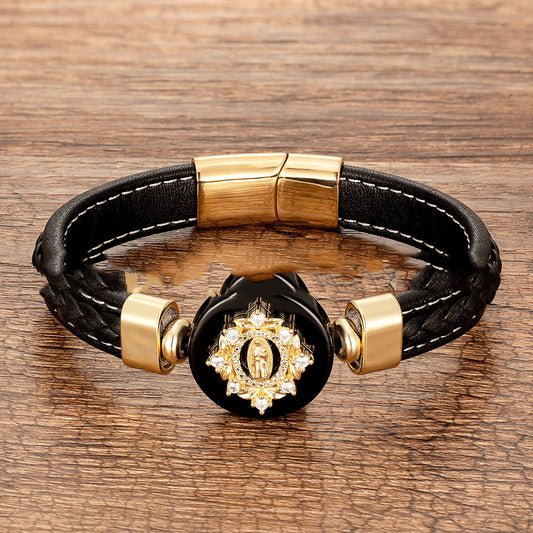 European And American Fashion Outer Stone Leather Cord Braided Bracelet