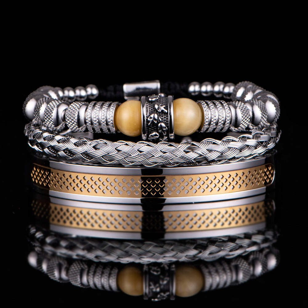 Stainless Steel Skull Head Spacer Beads Tiger-eye Blue Bracelet Set