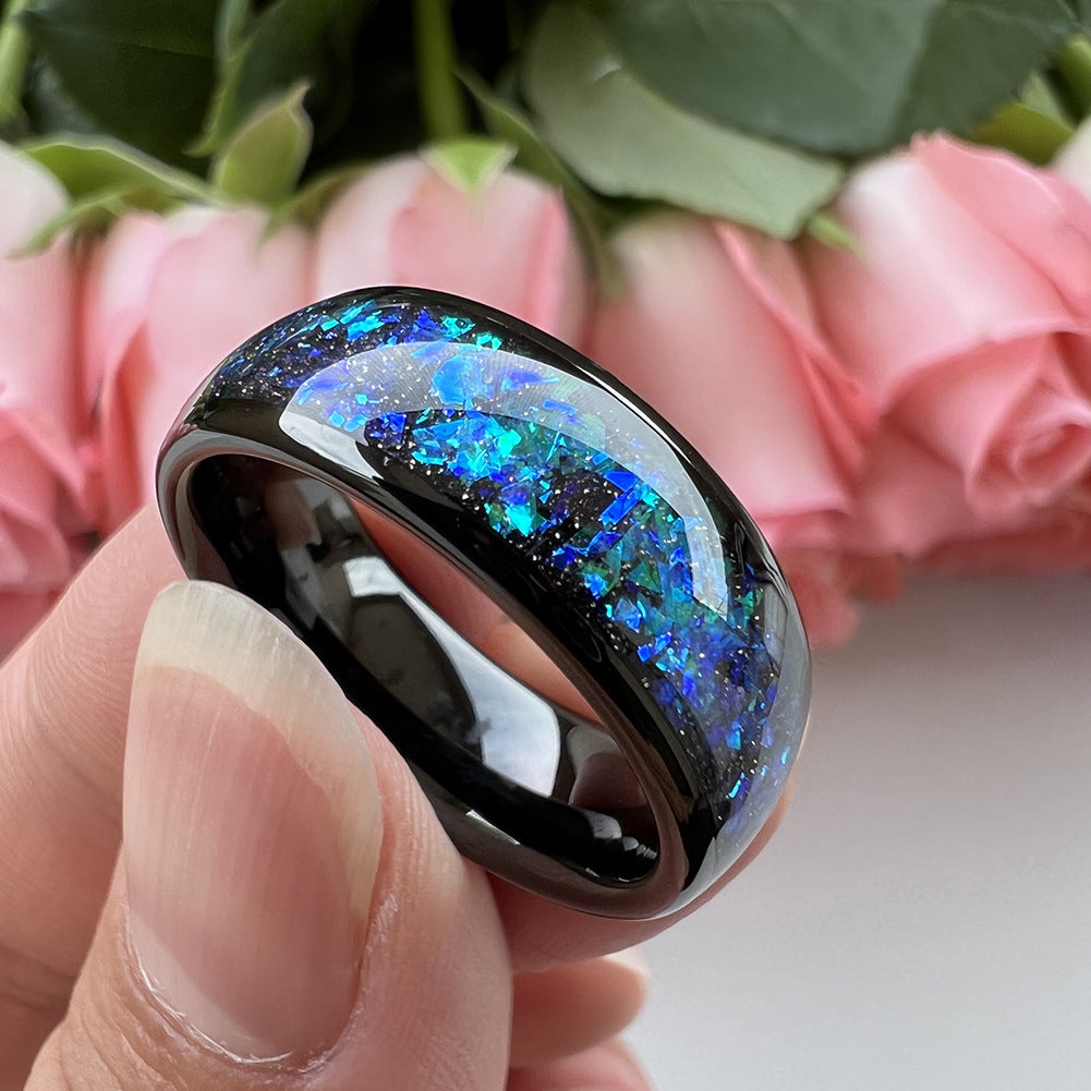 8 mm Wolframring mit eingelegten blauen und grünen Ziersteinen
