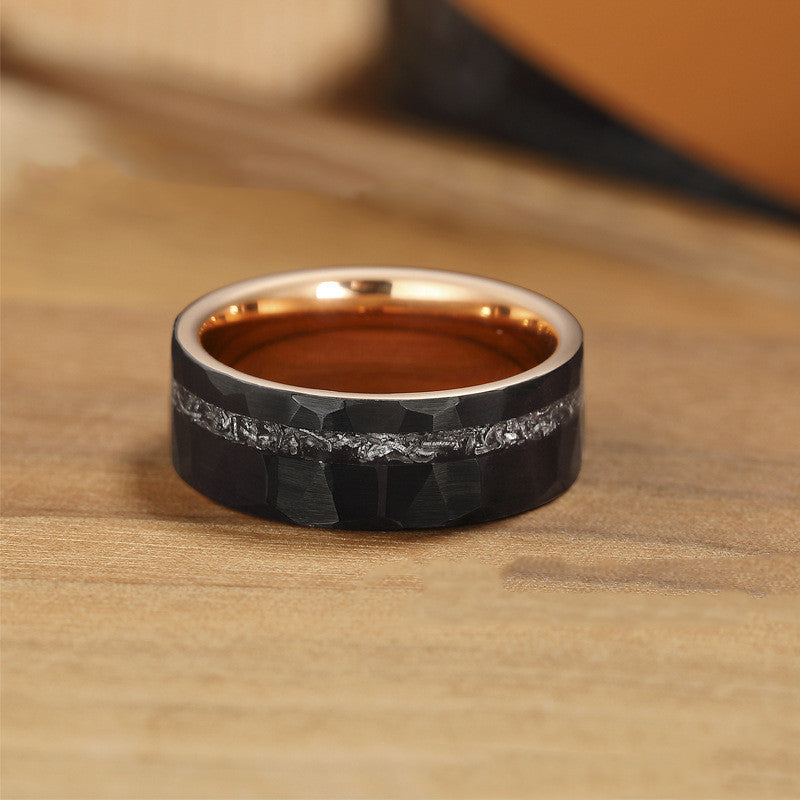 In Stock One Piece Dropshipping Niche Meteorite Inlaid Tungsten Steel Men's Ring Black Ring Men