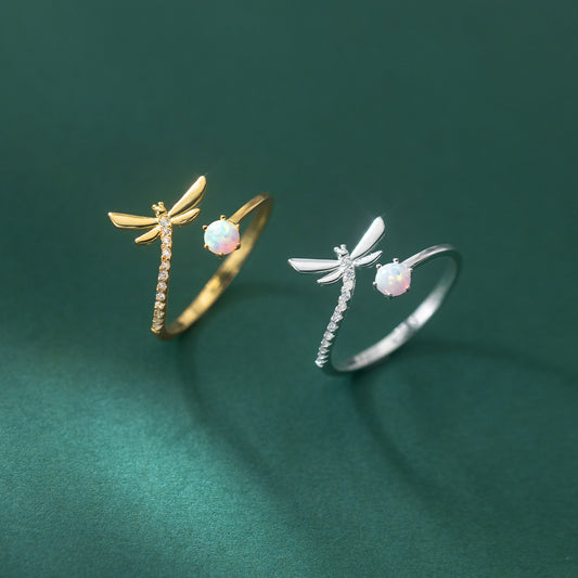 925 Silver Opal Gang Drill Dragonfly Ring Simple And Fresh Cute Sweet Bracelet