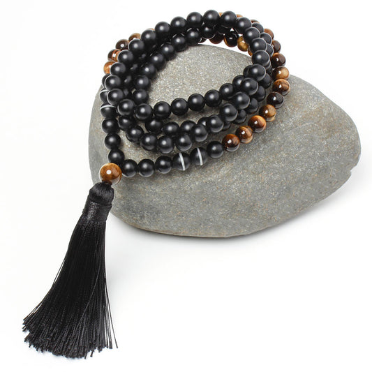 Stone rosary black agate tassel necklace long necklace sweater chain