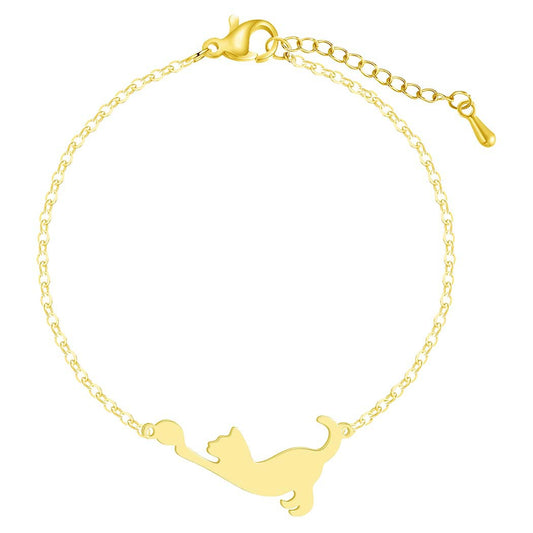 Stainless Steel Cat Play Pendant Personalized Women's Bracelet