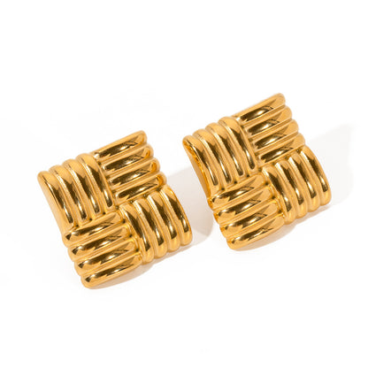 Fashion 18K Gold Stainless Steel Square Texture Stud Earrings
