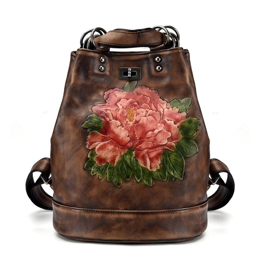 Rucksack Damen Retro Leder Damen Tasche Baum Creme Lederrucksack