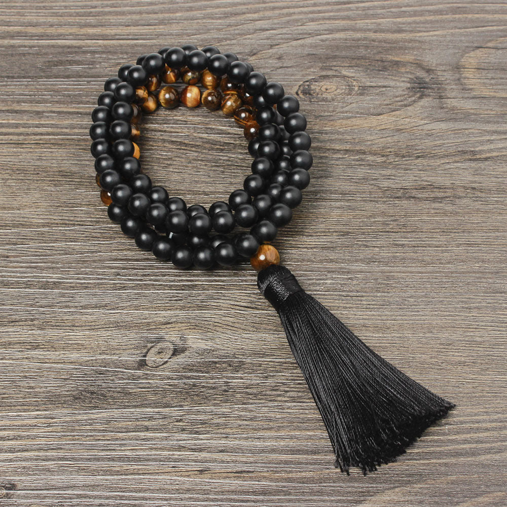 Stone rosary black agate tassel necklace long necklace sweater chain