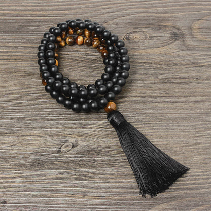 Stone rosary black agate tassel necklace long necklace sweater chain
