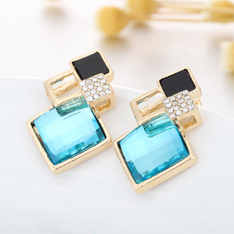 Square Glass Crystal Inlaid Pendant Necklace Earrings Jewelry Set