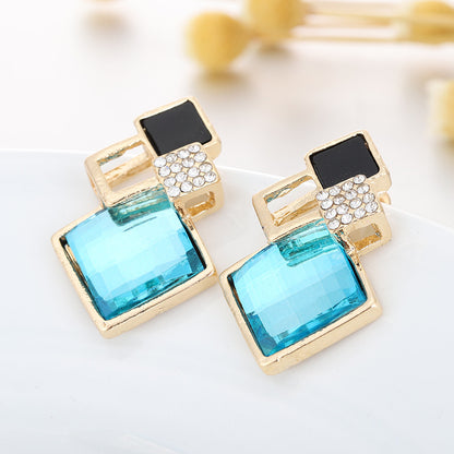 Square Glass Crystal Inlaid Pendant Necklace Earrings Jewelry Set