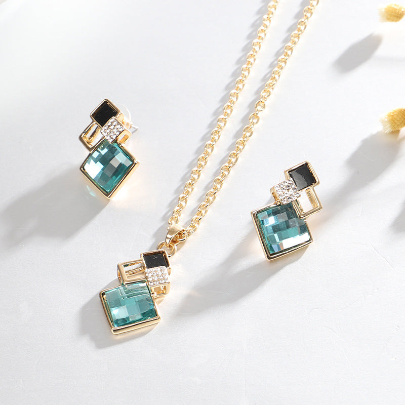 Square Glass Crystal Inlaid Pendant Necklace Earrings Jewelry Set