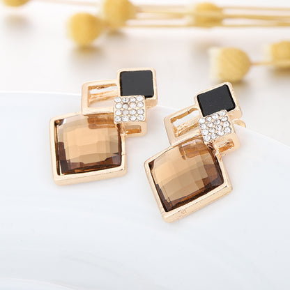 Square Glass Crystal Inlaid Pendant Necklace Earrings Jewelry Set
