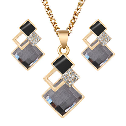 Square Glass Crystal Inlaid Pendant Necklace Earrings Jewelry Set