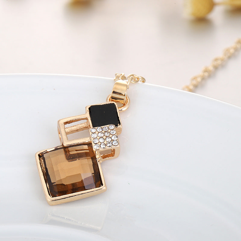 Square Glass Crystal Inlaid Pendant Necklace Earrings Jewelry Set