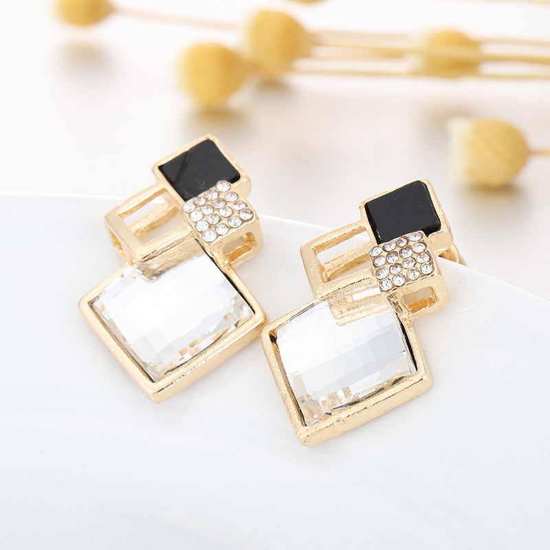 Square Glass Crystal Inlaid Pendant Necklace Earrings Jewelry Set