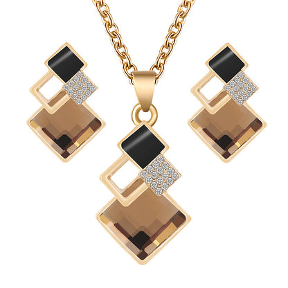 Square Glass Crystal Inlaid Pendant Necklace Earrings Jewelry Set