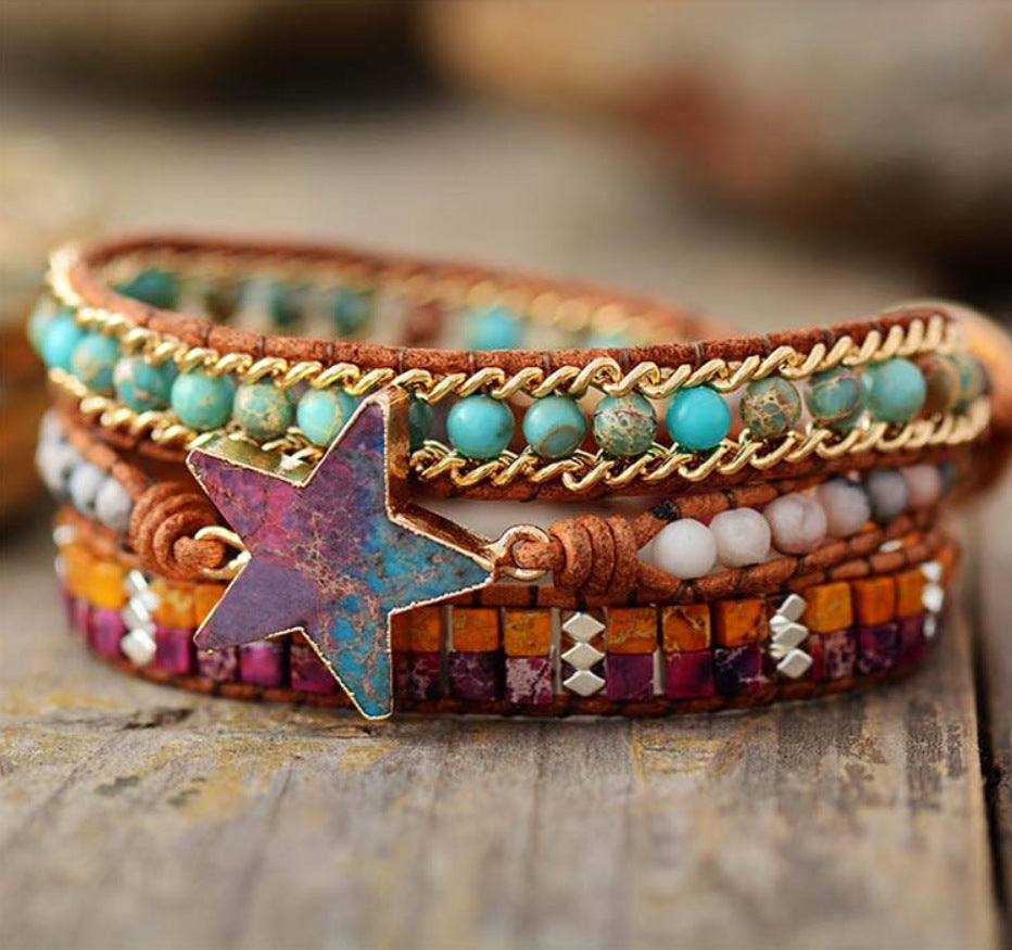 Imperial Stone Five-Pointed Star Hand-Woven Multi-Layer Beaded Leather Bracelet