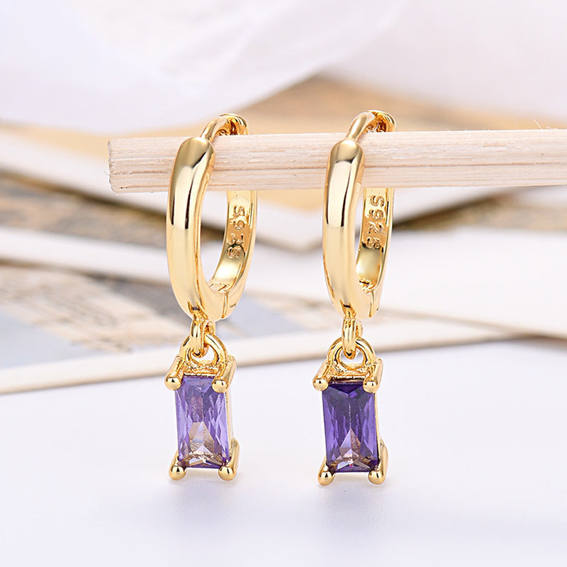 Silver Pin Rectangular Colored Zirconia Earrings