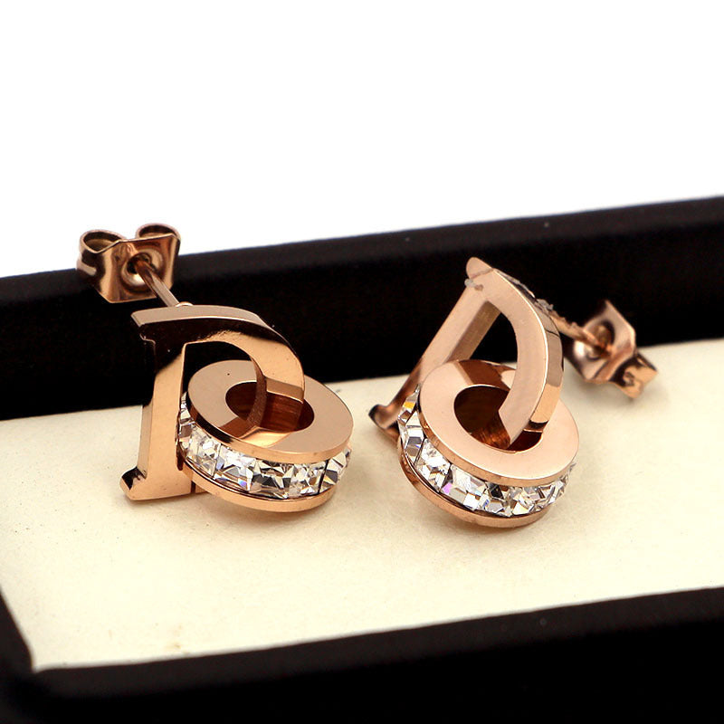 Letter Square Diamond Double Ring Rose Gold Stud Earrings