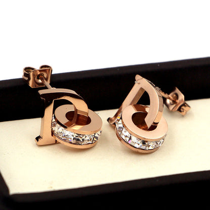 Letter Square Diamond Double Ring Rose Gold Stud Earrings