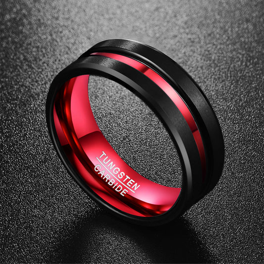 Men's 8mm Black and Red Tungsten Carbide Ring Matte Finish Beveled Edges