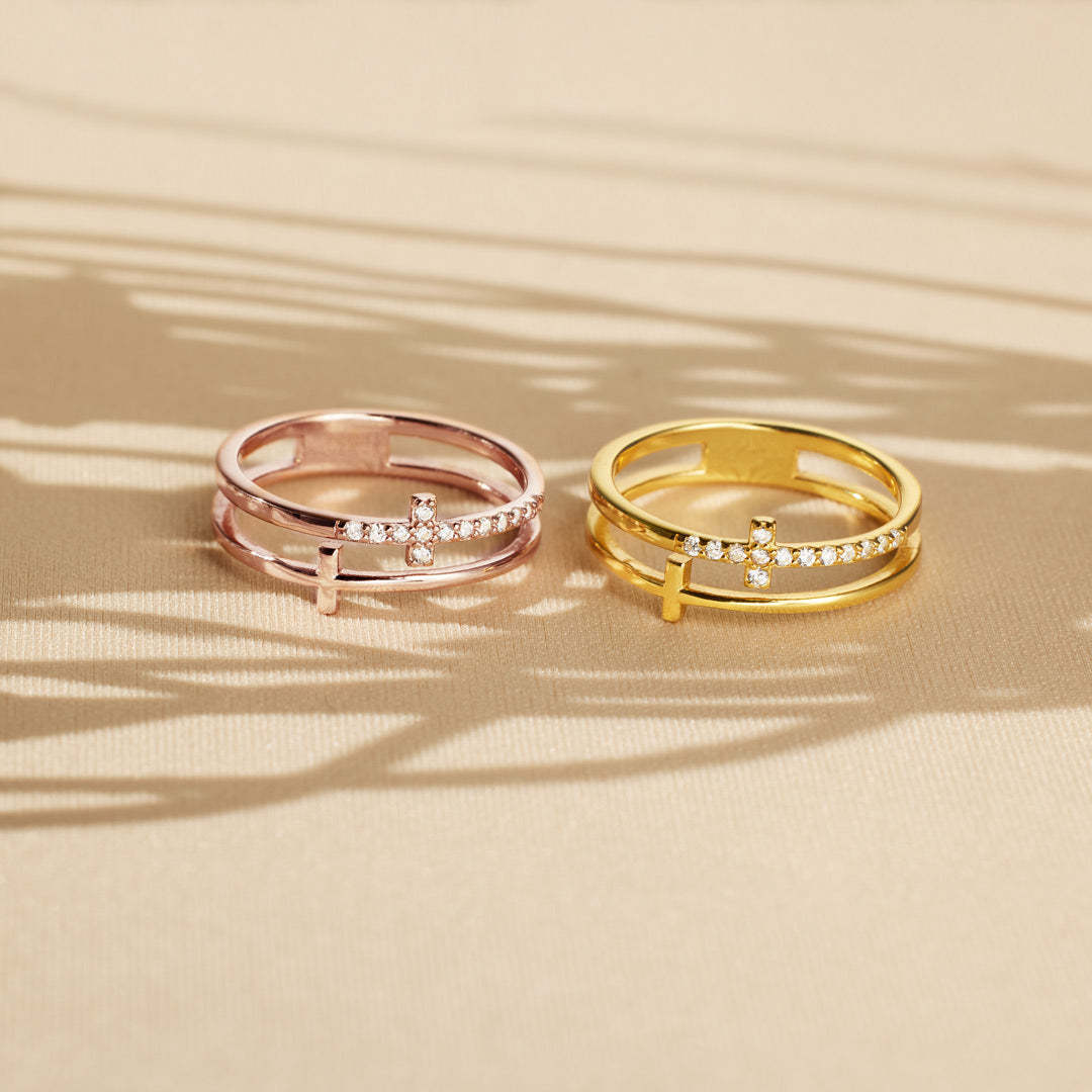 S925 Sterling Silver Cross Ring Women's Double Set Zircon