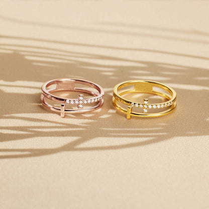S925 Sterling Silver Cross Ring Women's Double Set Zircon