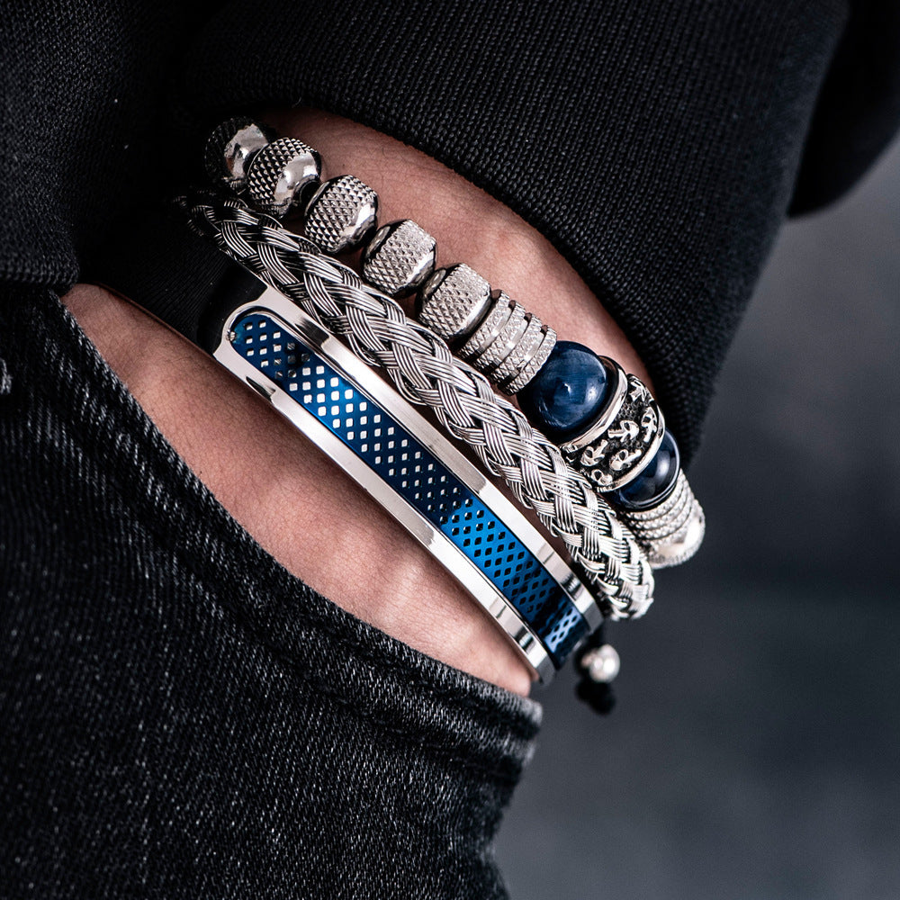 Stainless Steel Skull Head Spacer Beads Tiger-eye Blue Bracelet Set