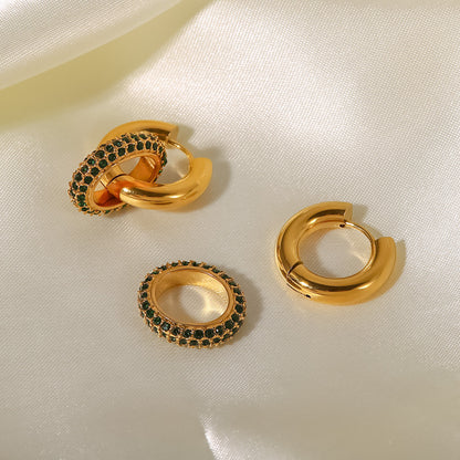 Titanium Steel Plated 18K Gold Micro Inlaid Whitegreen Zirconium Oval Detachable Earrings