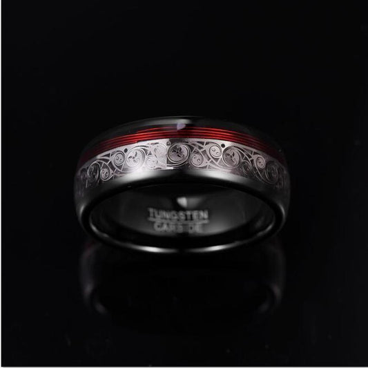 8mm Wide Electroplated Black Spiral Red Guitar String Tungsten Steel Ring