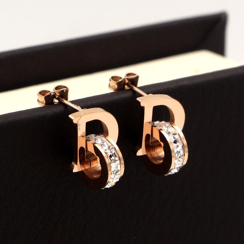 Letter Square Diamond Double Ring Rose Gold Stud Earrings