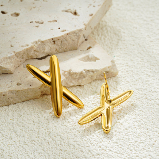 Simple Glossy Stainless Steel 18K Gold Cross Earrings