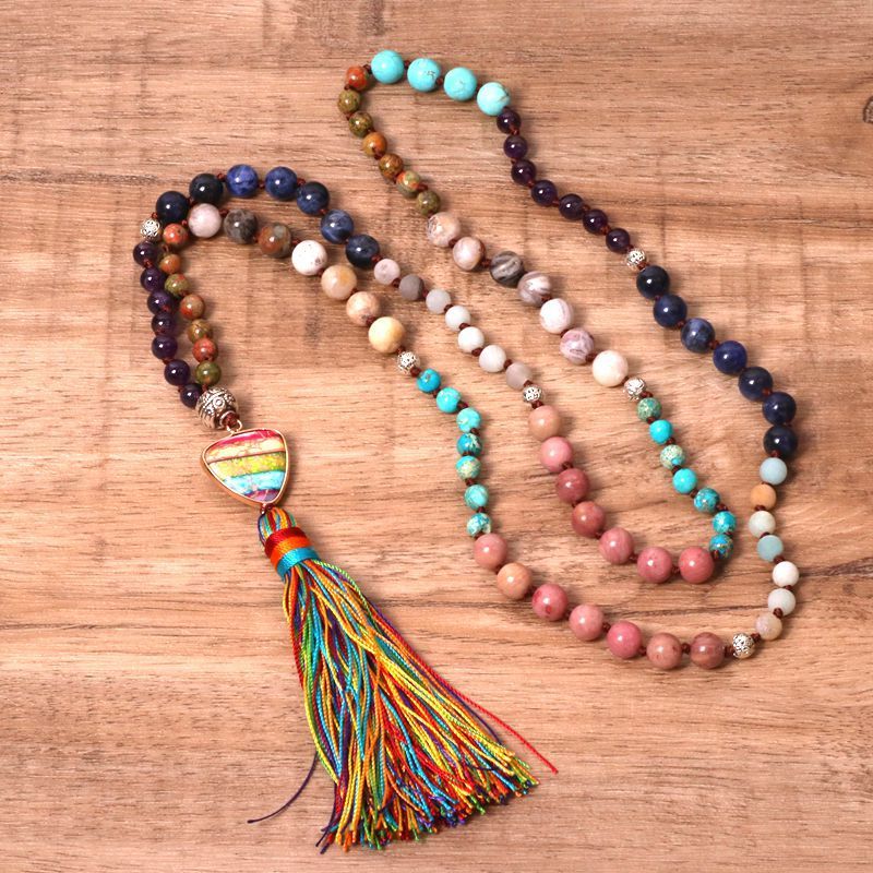 Colorful Stone Pendant Tassel Yoga Women Necklace Elegant Wave