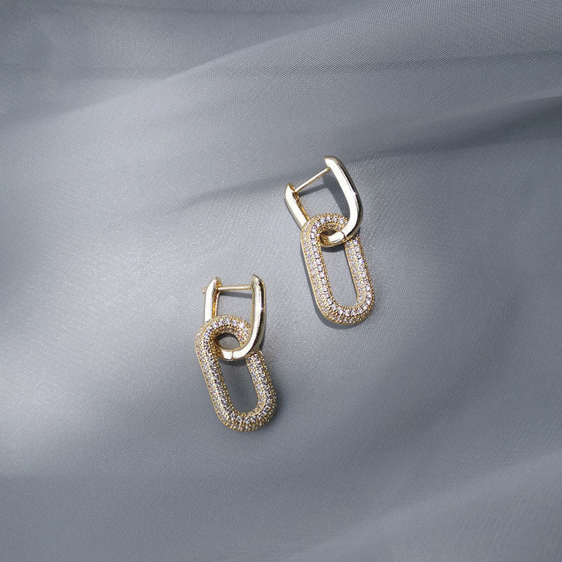 Full Diamond Oval Copper Ear Studs Earrings