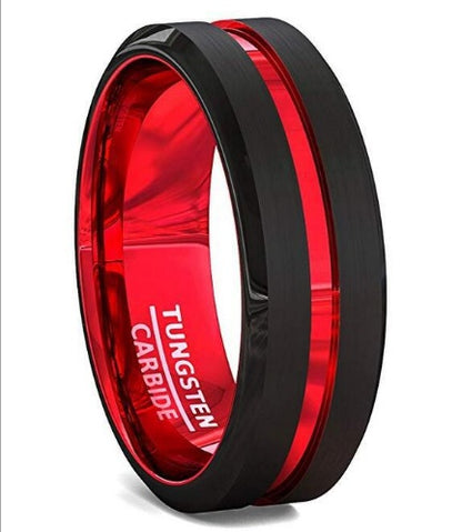 Men's 8mm Black and Red Tungsten Carbide Ring Matte Finish Beveled Edges