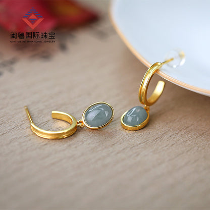 925 Silver Natural A Cargo Blue Water Jade Egg Surface Earrings